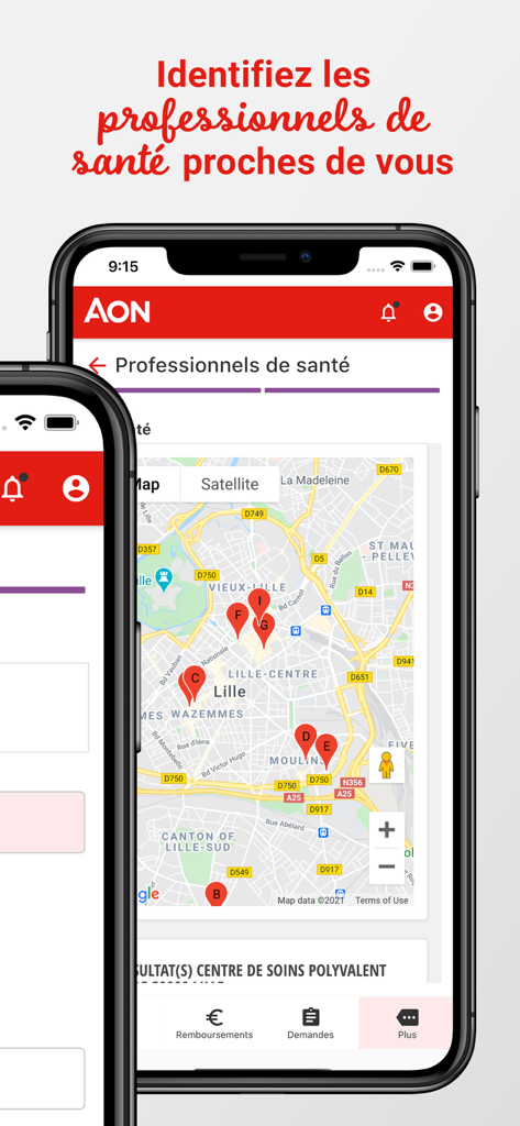 Map view within the MySanté by Aon app showing nearby healthcare professionals with red markers.