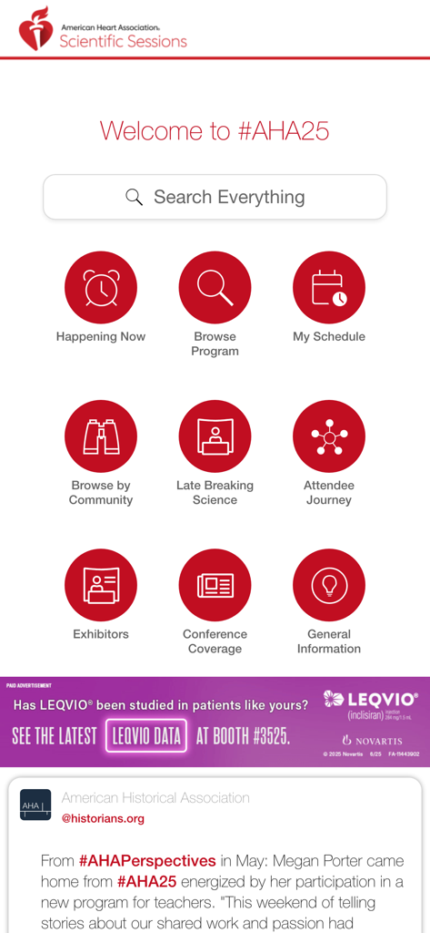 AHA Conferences - Panel principal de la aplicación AHA Conferences con funcionalidad de búsqueda e iconos de navegación para el programa y las actualizaciones científicas
