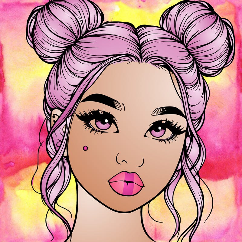 realistic girl with two buns on her hair and lips