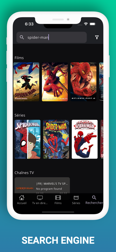 NexTv app search interface displaying results for spider-man across films and series categories