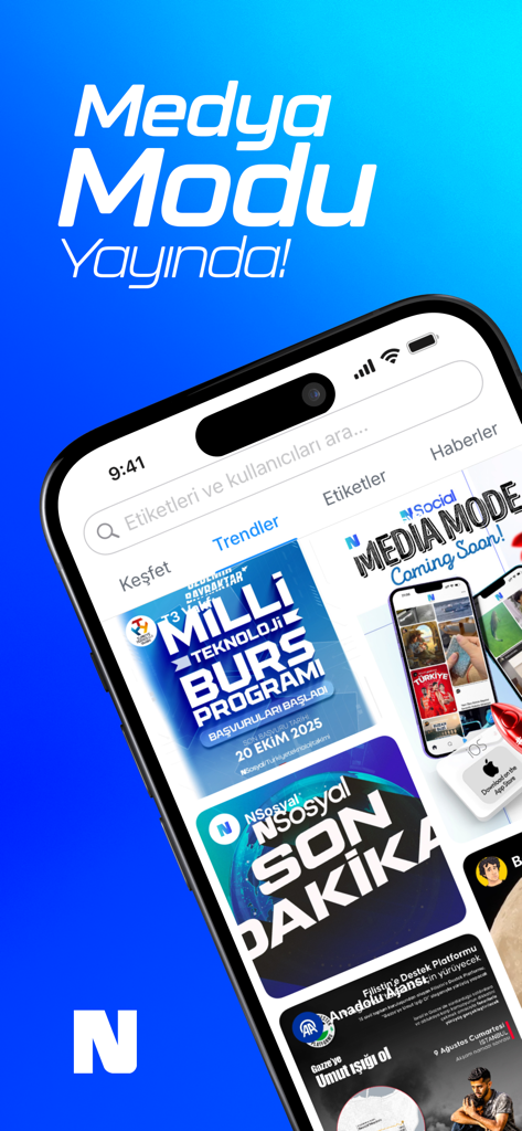 NSosyal - Interface de l'application NSosyal sur un iPhone montrant l'onglet de découverte et les sections d'actualités tendances