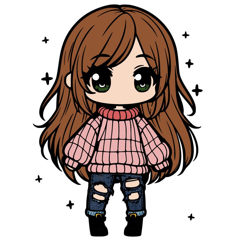 chibi girl with ripped jeans,long hair, and an oversized sweater