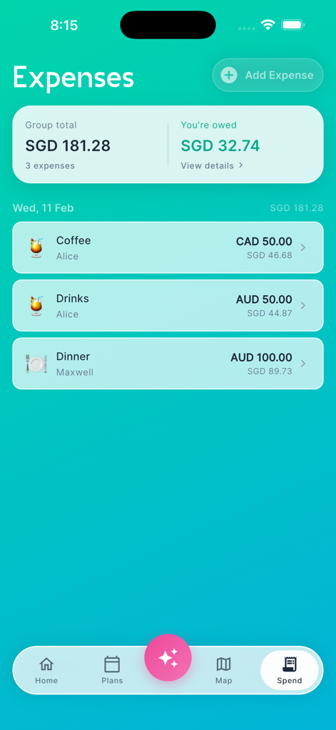 Oddysee - Oddysee mobile app screen showing shared travel expenses and group balance