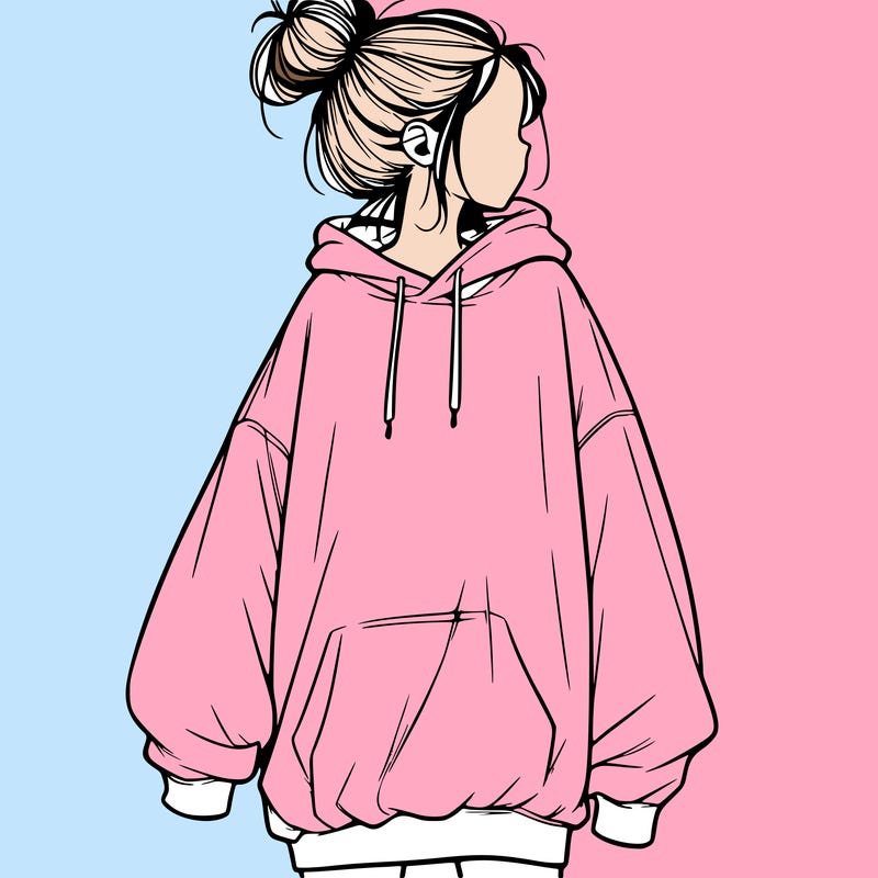 realistic girl with a oversized sweatshirt on and a bun