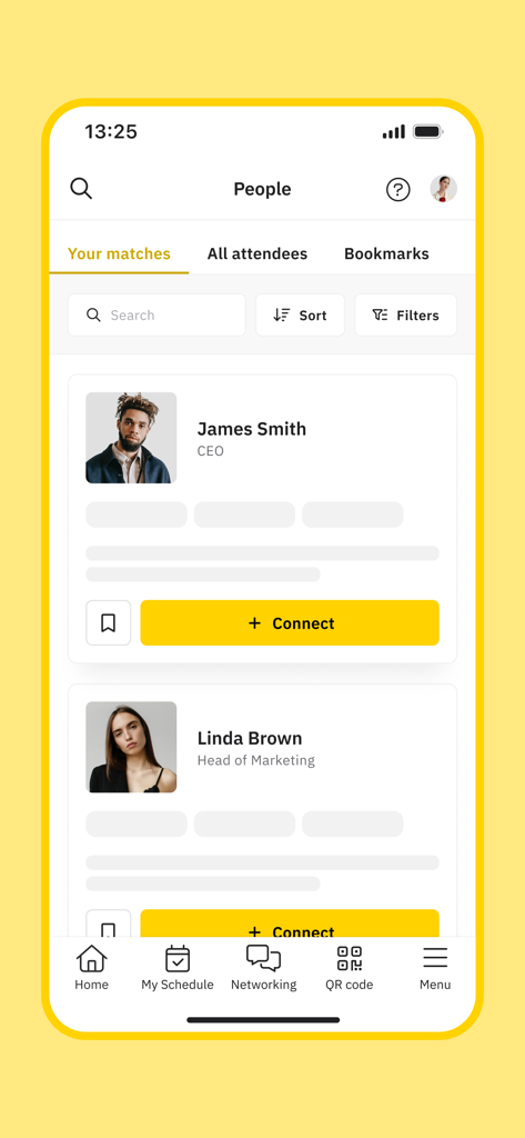 The networking interface of the Consensus by CoinDesk app displaying suggested professional matches.