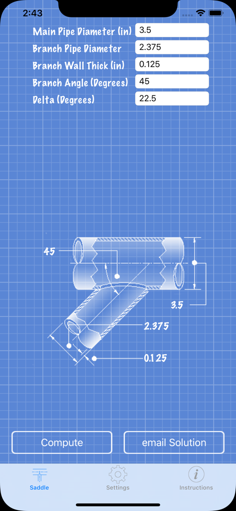 Pipe Saddle Layout Calculator - Pipe saddle layout calculator interface showing blueprint diagram and input fields for pipe dimensions and angles