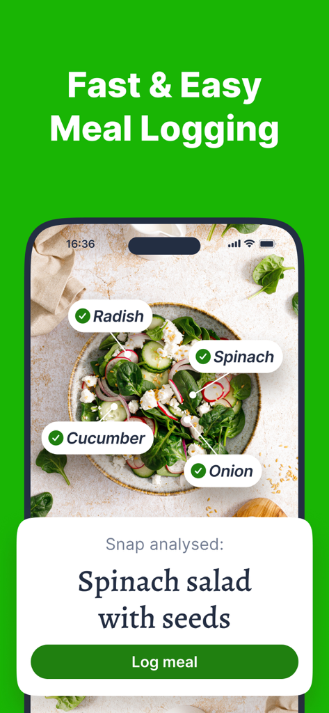 Aplicación de contador de calorías Goodbite AI escaneando una ensalada para identificar ingredientes para un registro rápido de comidas