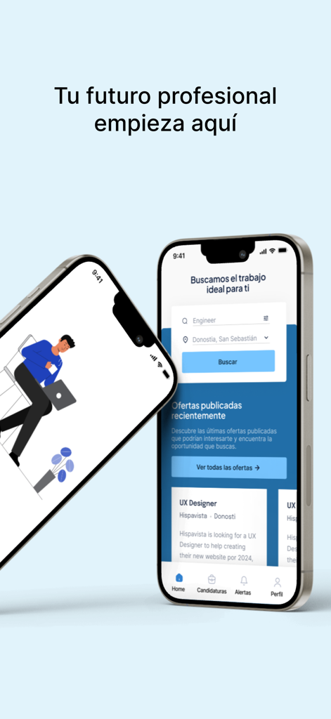 Trabajos.com - Dos smartphones mostrando la interfaz de la aplicación Trabajos.com con búsqueda de empleo y listados recientes.