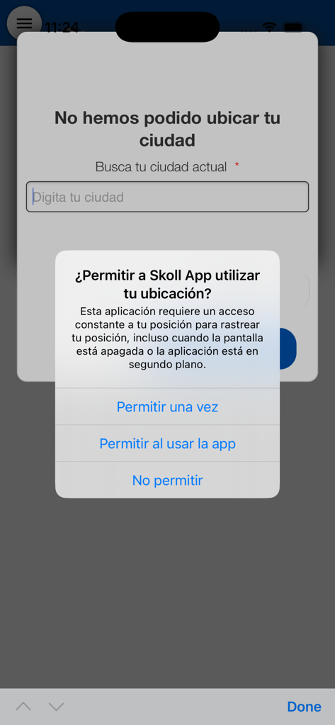 Pop-up de solicitud de acceso a la ubicación en la interfaz de la aplicación Skoll en español