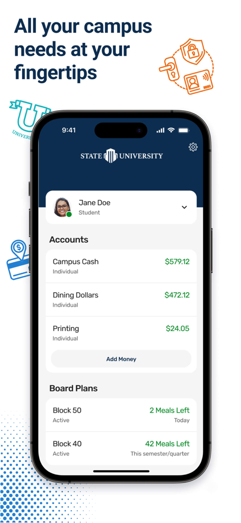 Transact eAccounts - Smartphone screen displaying a student's campus account balances and meal plans on the Transact eAccounts app