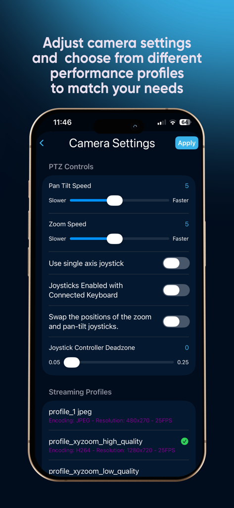 XYZoom - XYZoom app camera settings screen showing PTZ controls and streaming profile selection