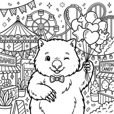 Get ready for a colorful adventure with this adorable wombat at the carnival! Designed specifically for toddlers, this coloring page features large, simple shapes and thick lines, perfect for little hands to explore.