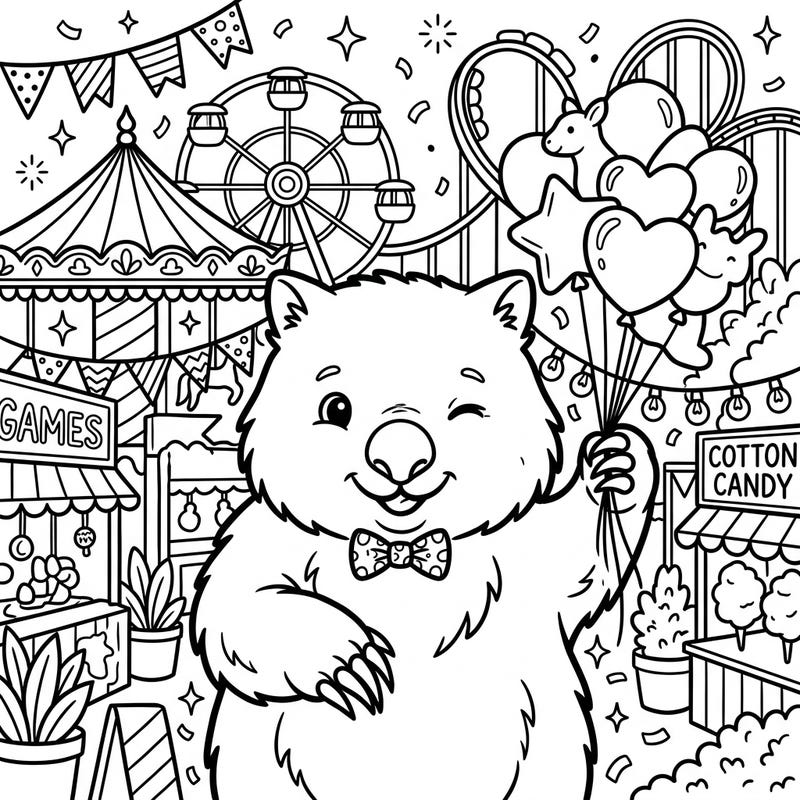Get ready for a colorful adventure with this adorable wombat at the carnival! Designed specifically for toddlers, this coloring page features large, simple shapes and thick lines, perfect for little hands to explore.