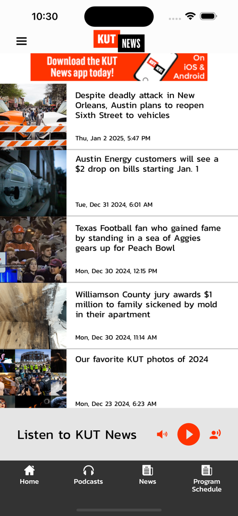 KUT News 90.5 - KUT News app home screen showing local Austin news headlines and a live radio stream player