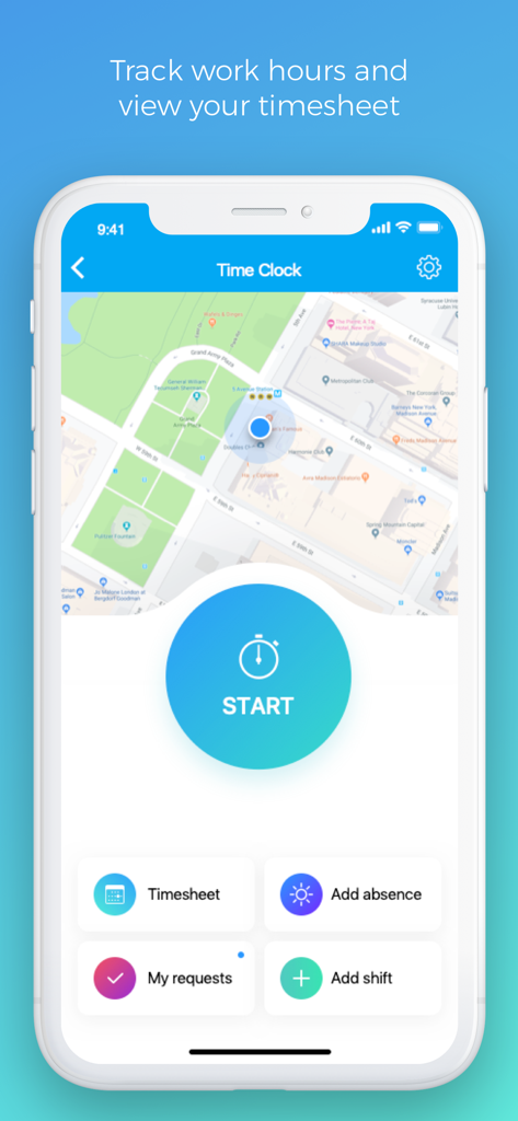 Connecteam Kiosk - Connecteam Kiosk app interface showing the time clock feature with a GPS map and start button for employees