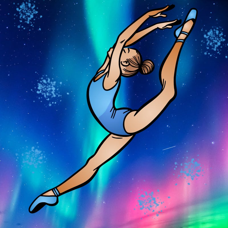 gymnast doing a leap in a leotard with a bent back leg