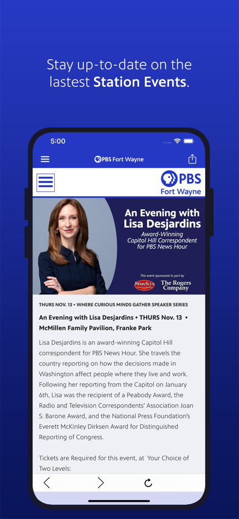 Mobile app interface of PBS Fort Wayne showing an upcoming station event featuring Lisa Desjardins