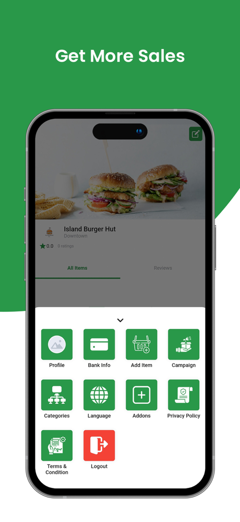 Order-Up Merchant app dashboard showing vendor features for restaurant management