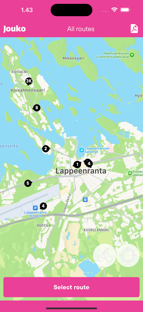 Jouko - Map view of the Jouko app showing various bus route locations across the Lappeenranta region in Finland