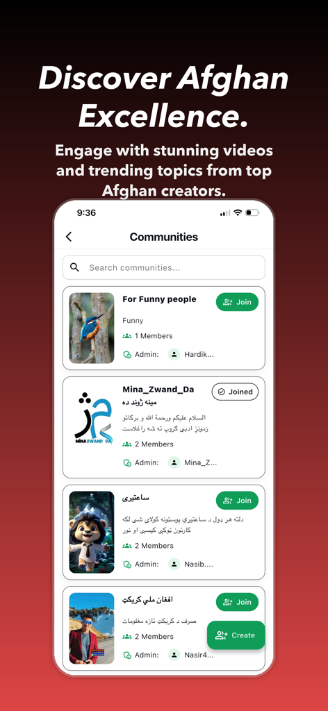 AfghanG: Digital Afghanistan - AfghanG app Communities screen showing various social groups and trending topics for the Afghan diaspora.