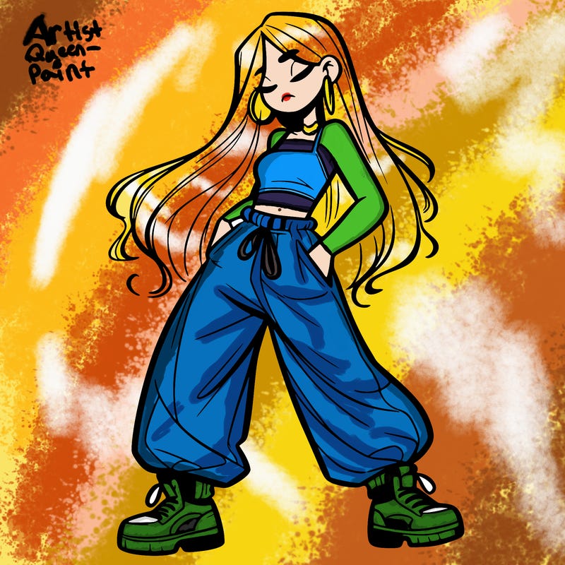 girl in baggy pants crop top and long hair