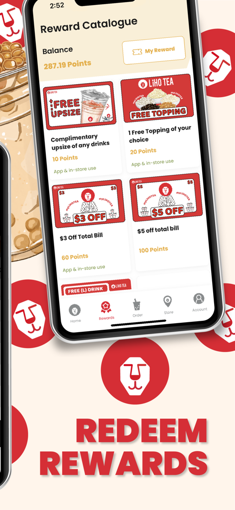 LiHO TEA SG - LiHO TEA mobile app rewards catalogue showing loyalty points and drink discounts