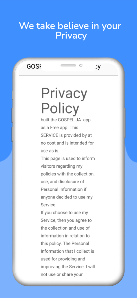 Gospel Ja Fm Online app privacy policy screen on a smartphone