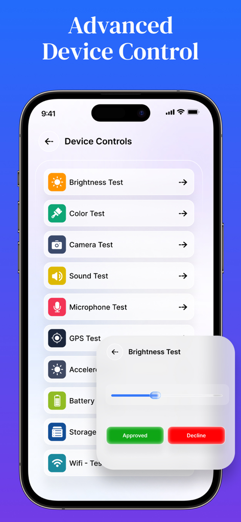 QuickTools Media & Files - Smartphone screen displaying advanced device hardware diagnostic tests for brightness camera and audio