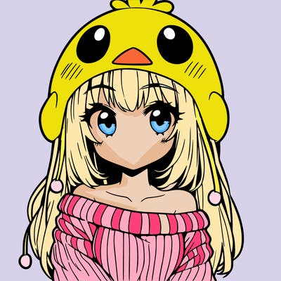 anime girl with chick shaped hat with sweater with bare shoulders with bangs covering them one eye with low tail