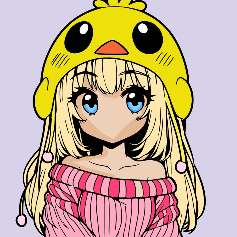anime girl with chick shaped hat with sweater with bare shoulders with bangs covering them one eye with low tail