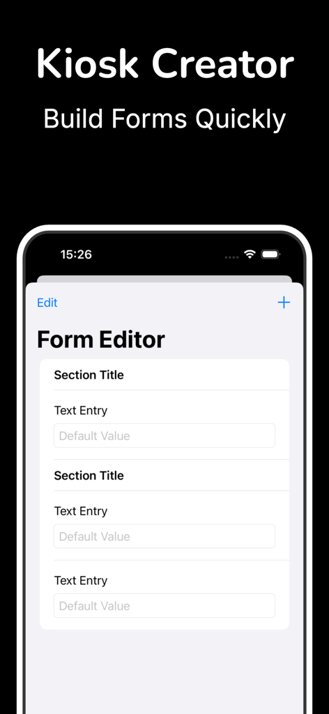 User interface of the Kiosk Form Builder app showing the customizable form editor with text entry fields