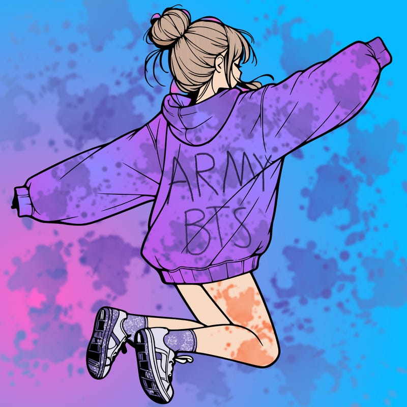 realistic girl jumping with a bun and oversized sweatshirt