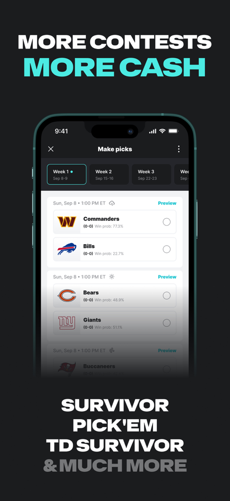 Splash Sports mobile app interface for NFL survivor and pick em game selections