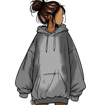 realistic girl with a oversized sweatshirt on and a bun