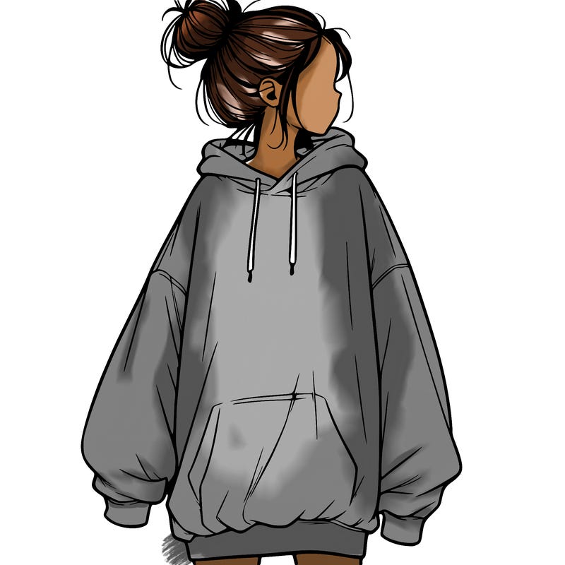 realistic girl with a oversized sweatshirt on and a bun