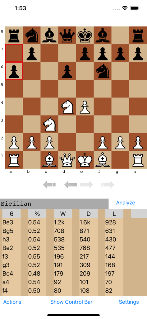 OpeningTree - Chess Openings - Chess board displaying a Sicilian Defense position with a table of move statistics and win percentages