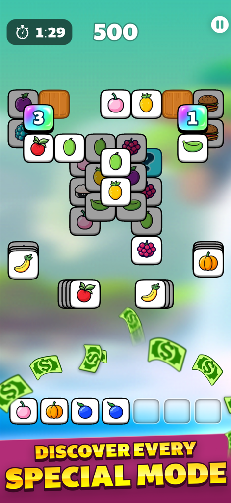 Tile Match - Win Cash - Tile Match Win Cash gameplay screen showing special game modes and floating cash rewards