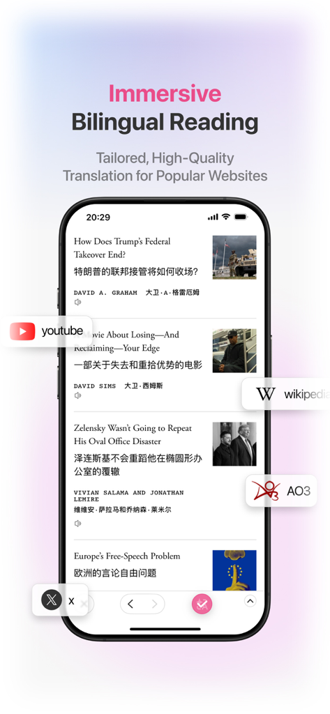 Mobile app interface showing dual language translation of news articles on an iPhone
