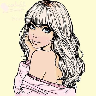 realistic girl with bangs looking over her shoulder