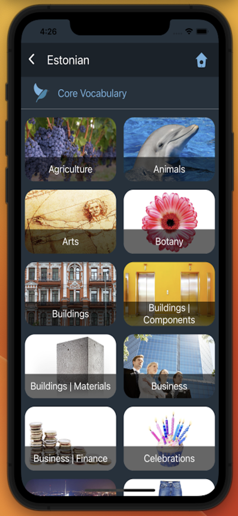 Bluebird: Learn Estonian - Schermata dell'app Bluebird che mostra argomenti di vocabolario di base estone come affari e arti