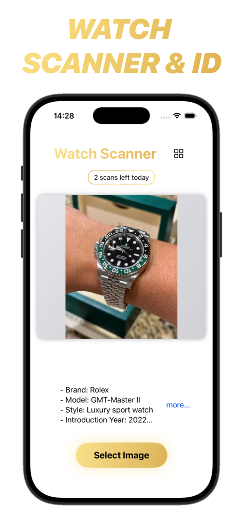 Watch Scanner & Identifier - Smartphone screen showing the Watch Scanner app identifying a luxury Rolex watch with model details