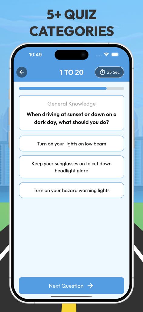 A quiz screen from The Highway Code Zambia app featuring a multiple-choice question about driving at sunset or dawn.