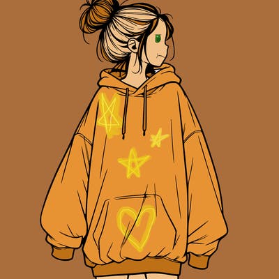 realistic girl with a oversized sweatshirt on and a bun