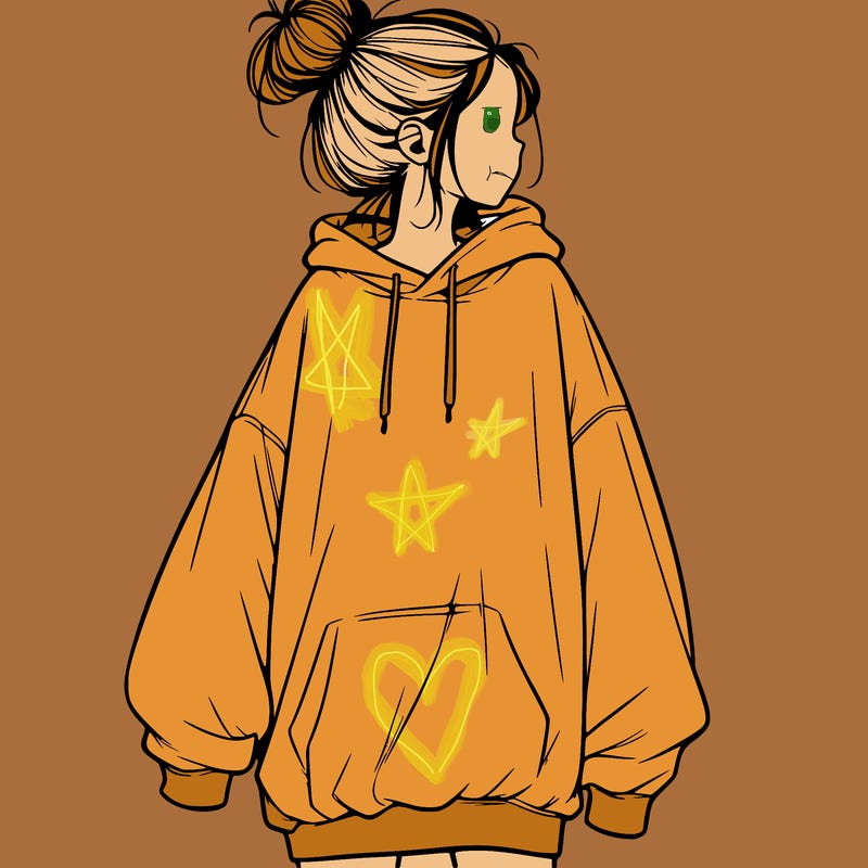 realistic girl with a oversized sweatshirt on and a bun