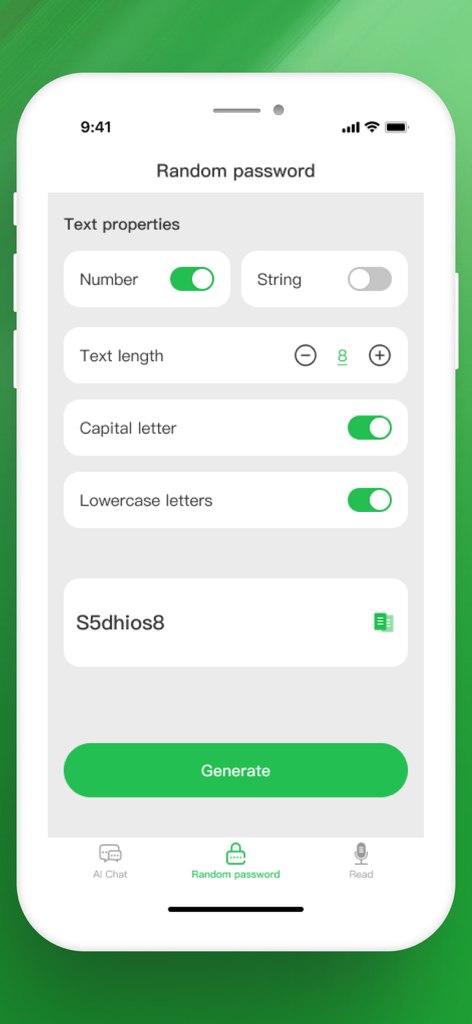 Tiny Life Tools - Interface of the random password generator in Tiny Life Tools app showing custom length and security settings