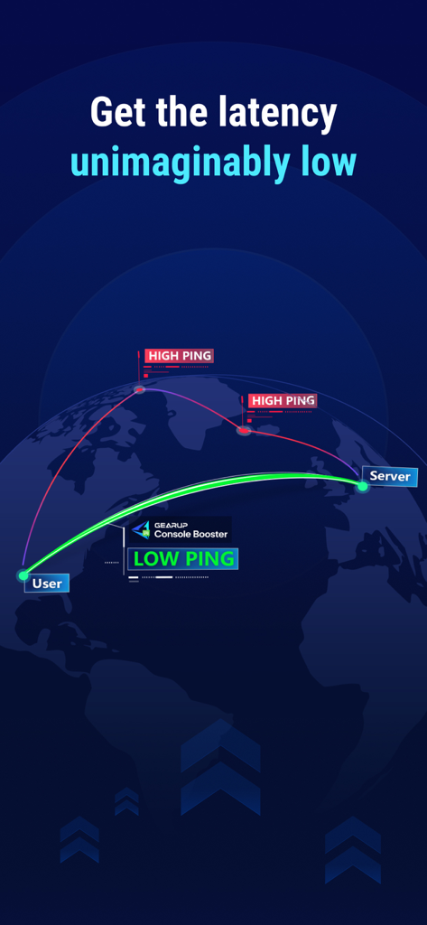 A globe visualization comparing high ping routes with a low ping connection optimized by GearUP Console Booster.