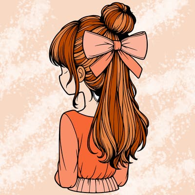 realistic girl  with hip length hair a bun and a big bow on the back of head