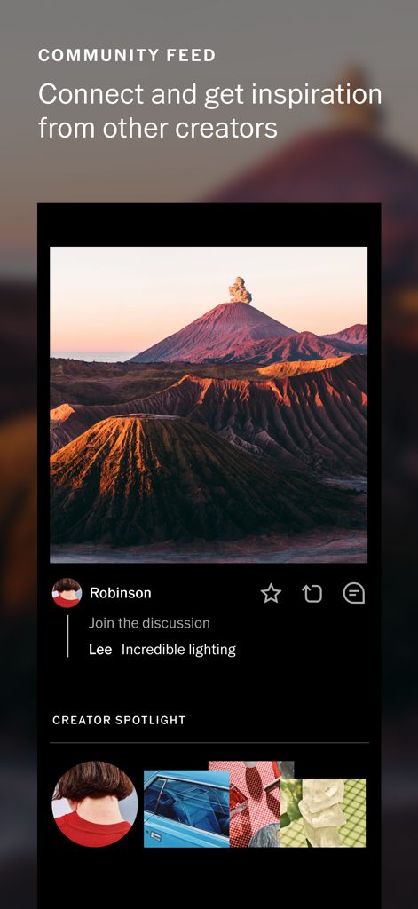 Flux d'actualités de la communauté de l'application VSCO présentant des photos et des mises en avant de créateurs