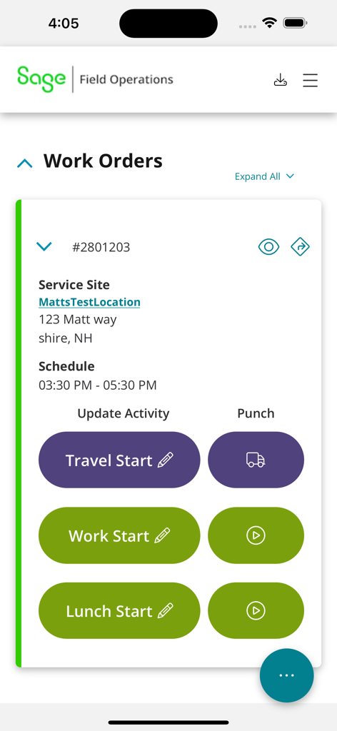 Sage Field Operations - Sage Field Operations app screen displaying work order details and time tracking buttons