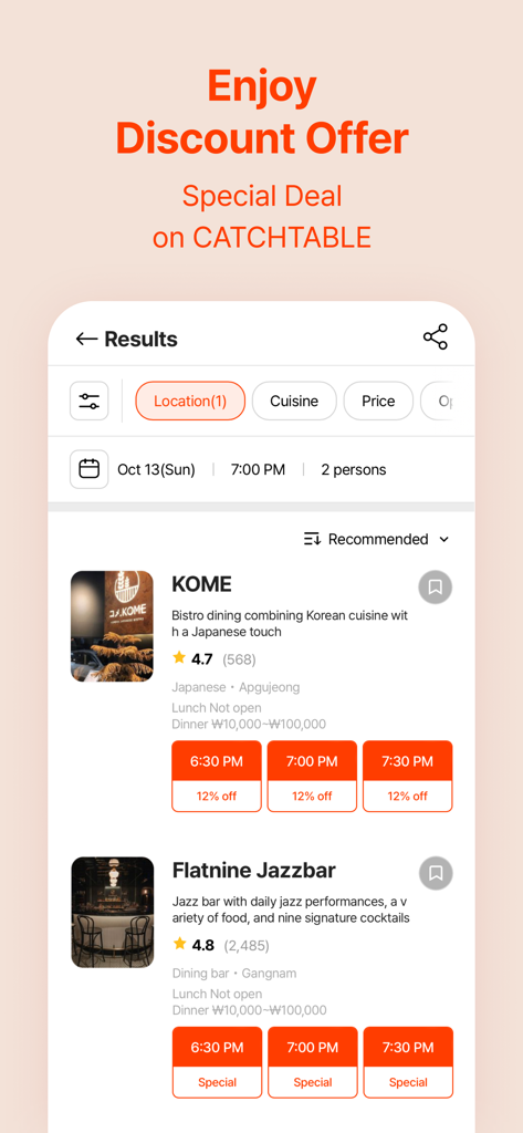 Catch Table app search results showing restaurant discounts and reservation times